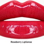 Bright red glossy lips against a white background, advertising Roseberry LipSense lipstick.