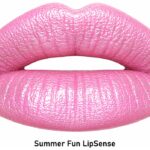 Close-up of glossy pink lips advertising Summer Fun LipSense lipstick product name shown beneath.