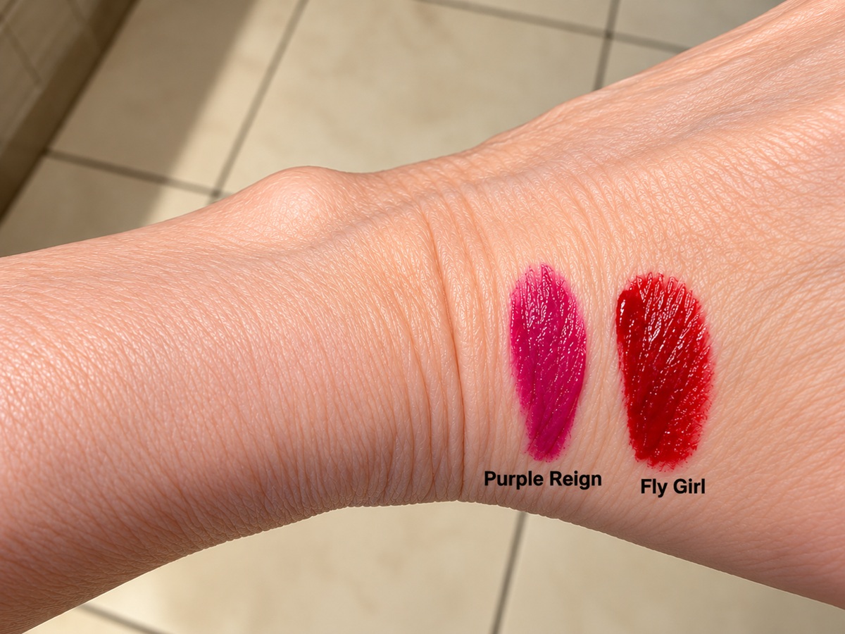 Hand swatches of Purple Reign and Fly Girl LipSense used to create the Berry Royale layered lip color