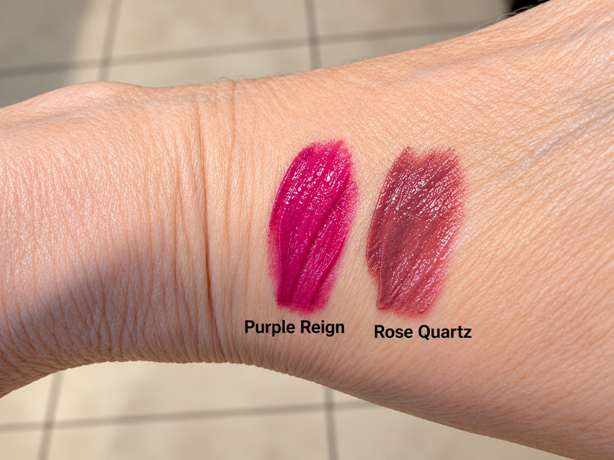 Hand swatches of Rose Quartz and Purple Reign LipSense colors used to create the Rose Plum layered lip color